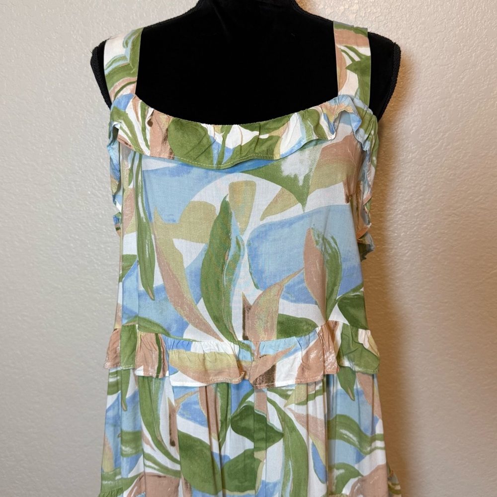 Girl And The Sun Ruffle Sun Dress Watercolor Leaf Print White Green Tan Size XL - Picture 3 of 14